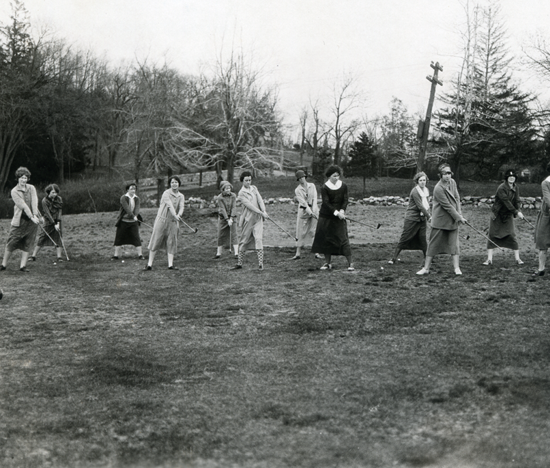 Archival photo of women playing golf at Nehoiden's present day seventh fairway. 